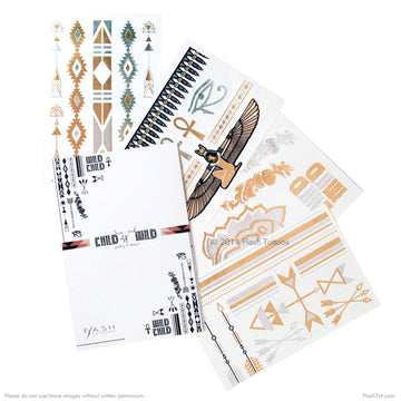 The free-spirited 4 sheet set includes ancient Egyptian glyphs and Indian henna designs with native-inspired shapes and arrows